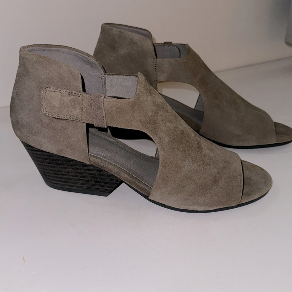 Eileen Fisher Leather suede open toe bootie.  Velcro ankle strap, block heel.